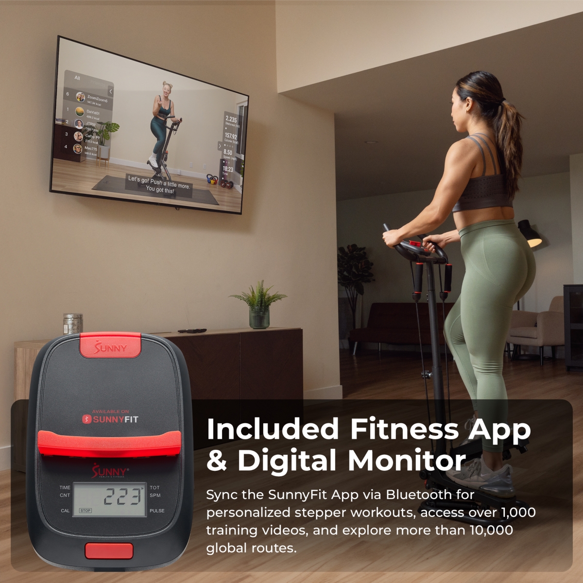 Sunny Health & Fitness Smart Stepper Stair Climber Exercise Machine for Home with Handlebar and Resistance Bands, Compact Space Saving Connected Fitne