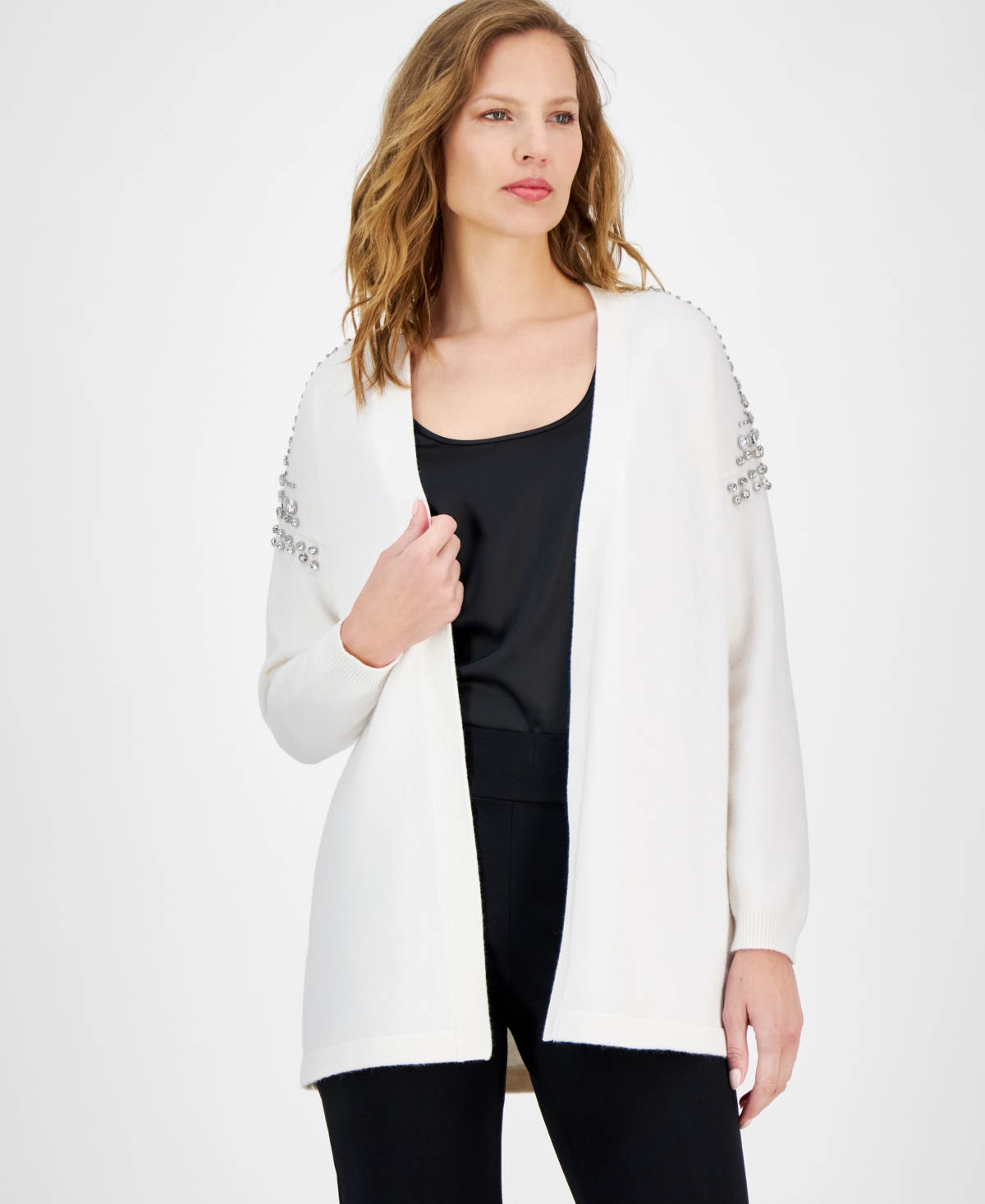 Anne Klein Womens Embellished Knit Cardigan Sweater In Anne White