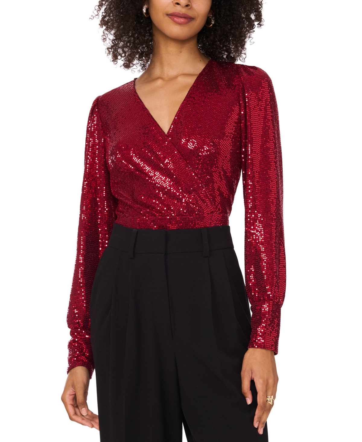VINCE CAMUTO WOMEN'S SEQUINED FAUX-WRAP LONG-SLEEVE TOP 