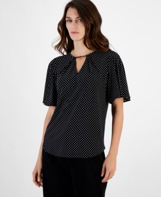 Anne Klein - Petite Printed Pleat-Neck Bell-Sleeve Top