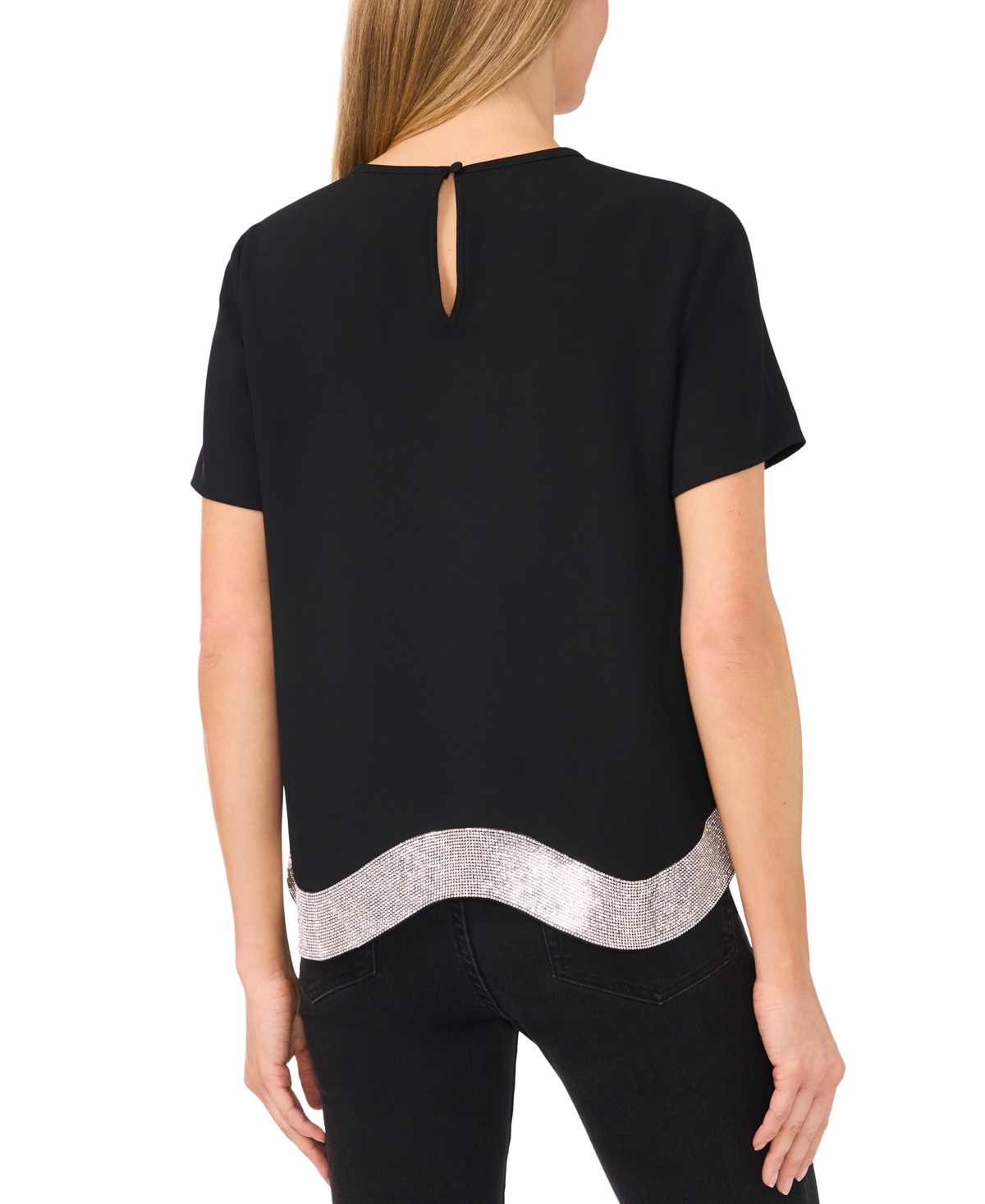 Cece Women's Rhinestone Wavy Hem Short-sleeve Blouse In Black