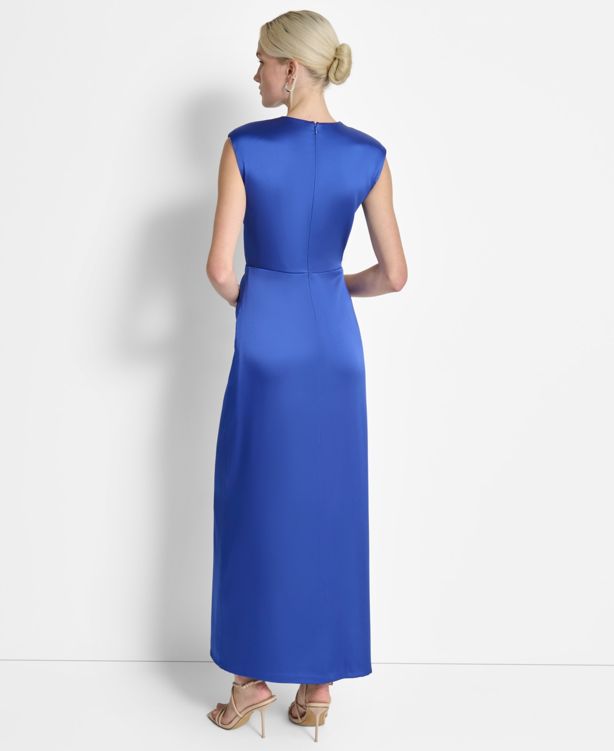DKNY WOMEN'S CRISSCROSS PLEATED SIDE-SLIT SLEEVELESS GOWN 