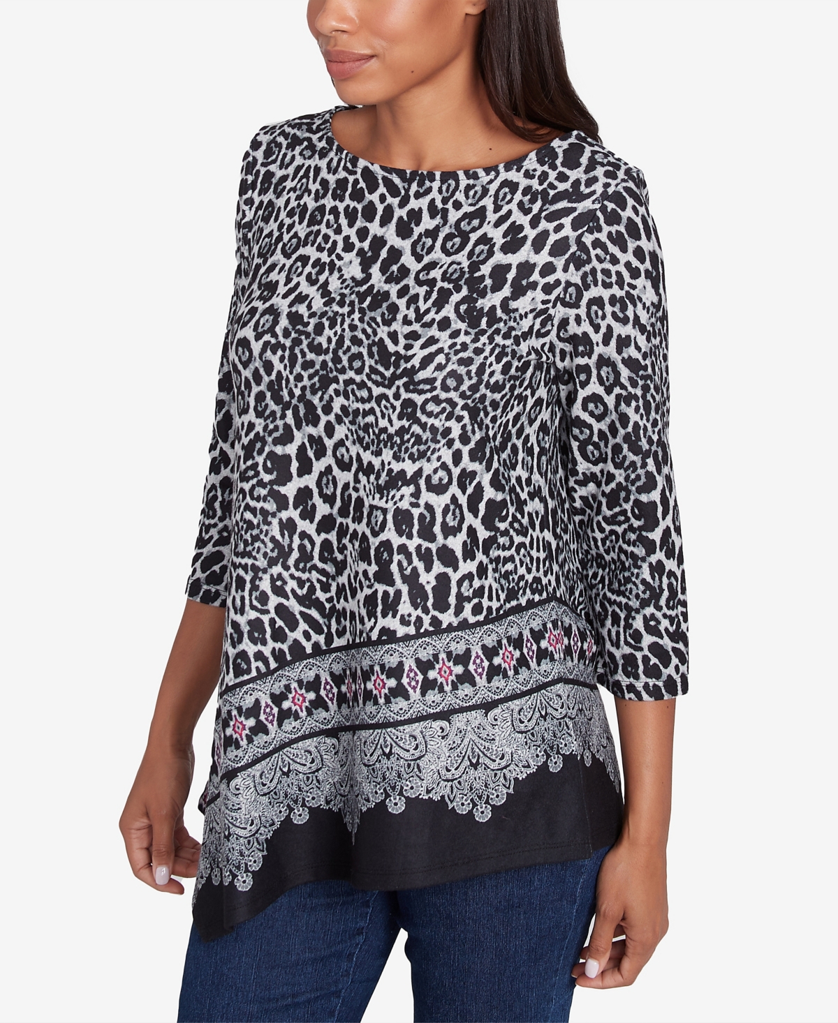 Ruby Rd. Petite Ballet Neck Animal Printed Hatchi Knit Top with Asymmetric Paisley Border Print Hem