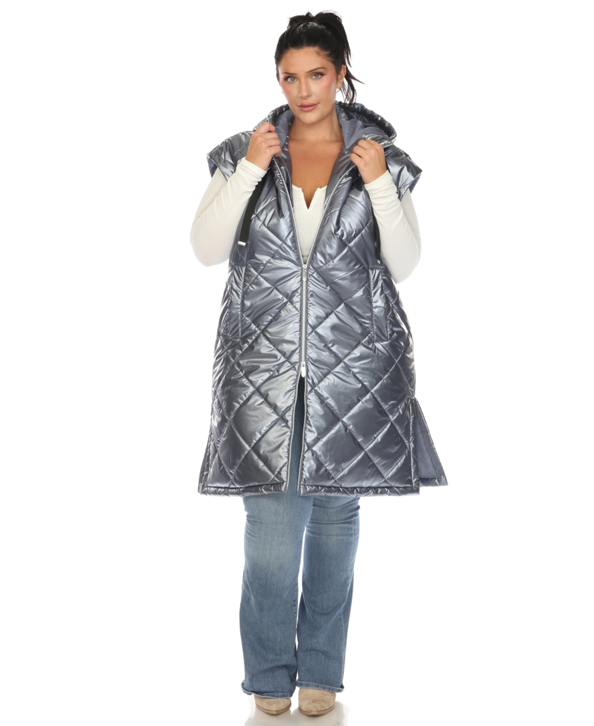 Plus Size Metallic Puffer Vest Jacket - Metallic Denim
