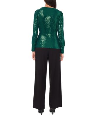 Women's Sequined Faux-Wrap Long-Sleeve Top