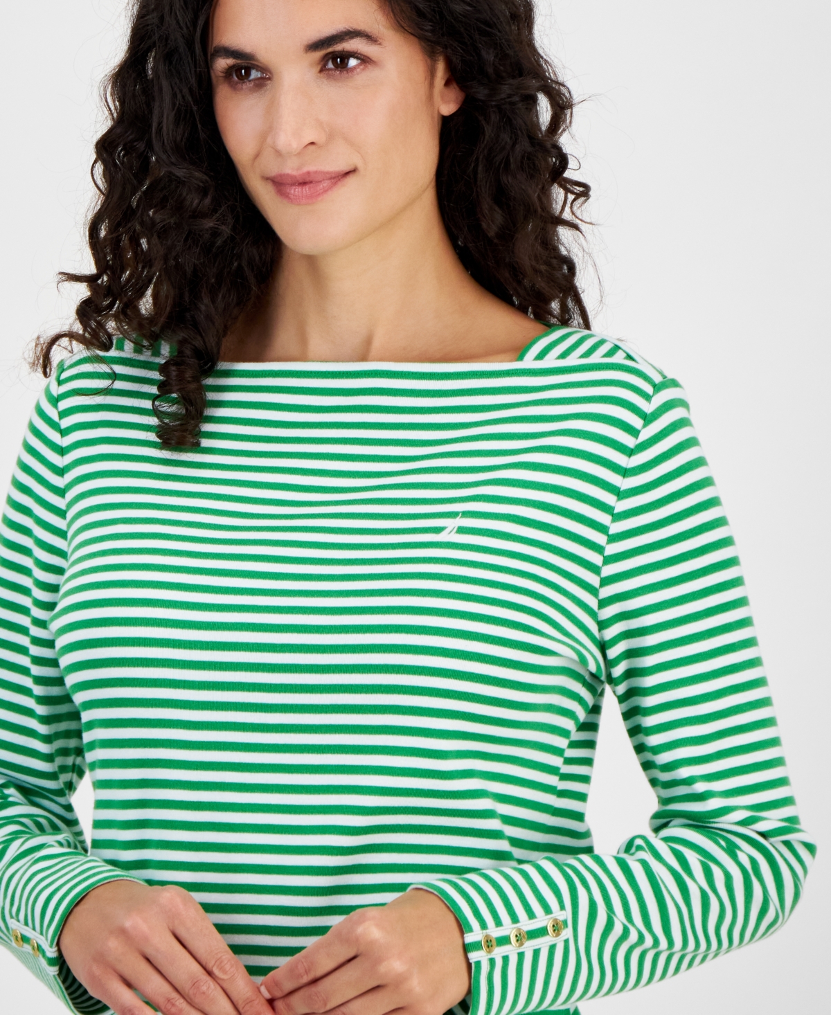 Nautica Jeans Women's Cotton Striped Boat-Neck Top -Bright White