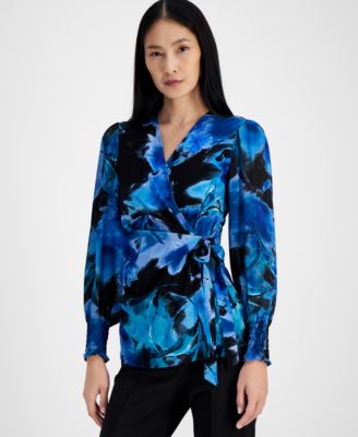 売れ筋商品|||アンクライン カットソー トップス レディース Women's Floral-Print Smocked Wrap Top Anne Black Pink Multi Anne Klein Women's Floral-Print Smocked Wrap Top - Macy's