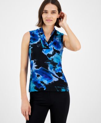 Anne Klein - Women's Printed Pleated-Neck Sleeveless Top