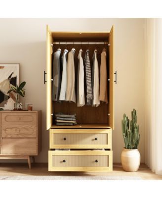 Wardrobe Freestanding Coat Storage Cabinet with 2-Tier Drawers and Hanging Bar