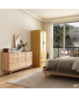 Wardrobe Freestanding Coat Storage Cabinet with 2-Tier Drawers and Hanging Bar