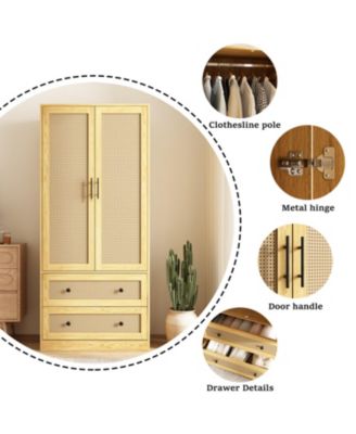 Wardrobe Freestanding Coat Storage Cabinet with 2-Tier Drawers and Hanging Bar