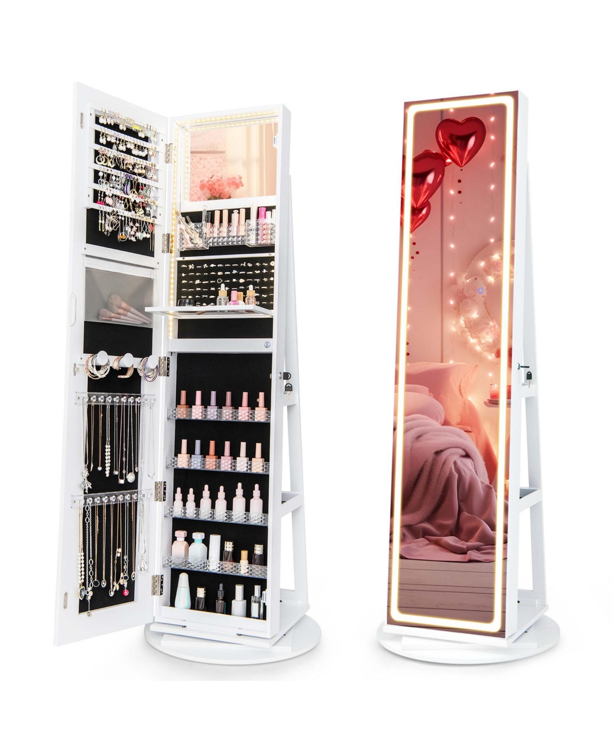 Costway 360° Swivel Jewelry Cabinet Organizer 3-Color Led Mirror with Built-in Lights