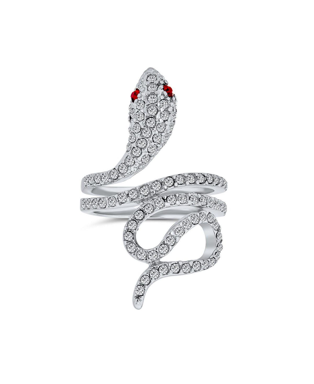 Bling Jewelry Spiral Wrap Serpent Snake Fashion Statement Ring For Women Red Eye Cubic Zirconia Pave CzPlated Brass - Silver