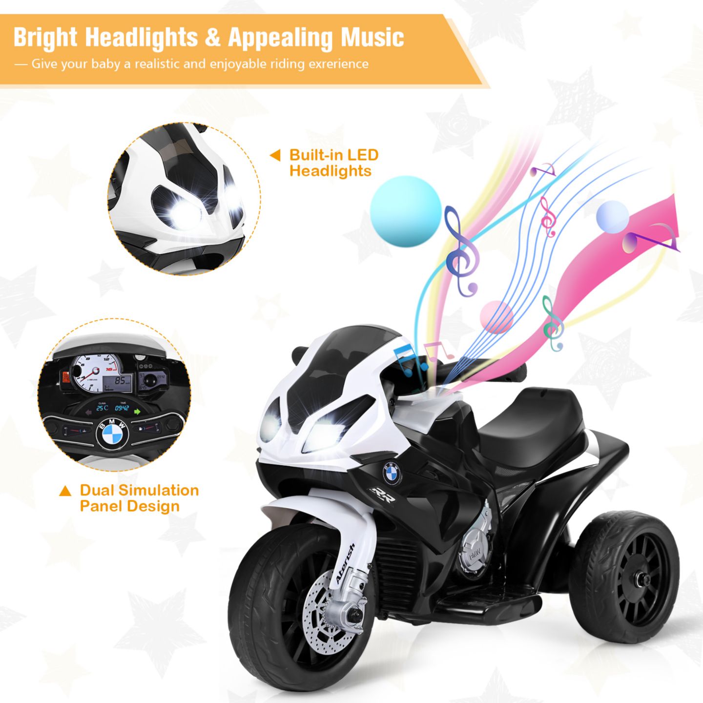 Детская игрушка Costway 6V Kids Ride-On Quad with LED Headlight & Rechargeable Battery, 44 lbs Capacity, Ages 18-36 Months, цвет: Чёрный — фото 8