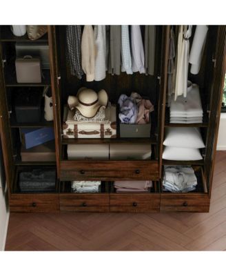  Wood   4 Shutter Doors   Drawers & Hanging Rod  Freestanding Bedroom Armoire