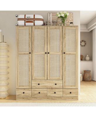 1 PC Wood Grain Rattan Doors Design Wardrobe with 5-Drawers Armoires