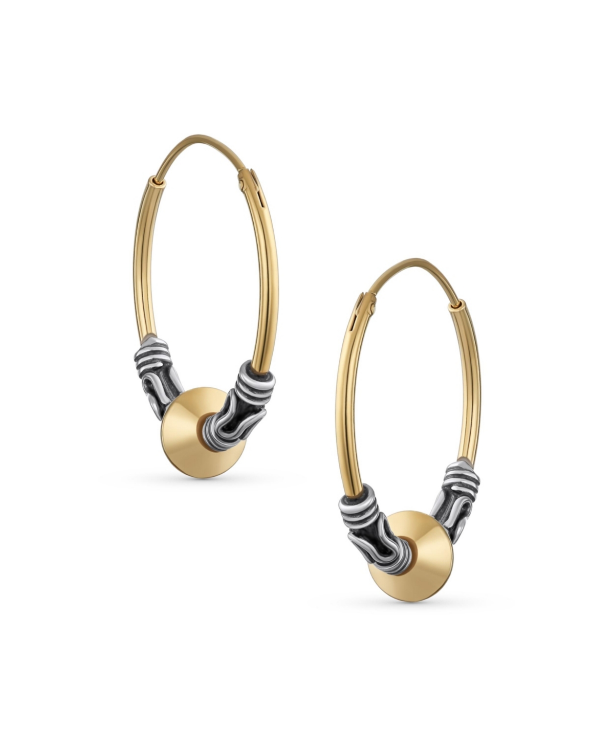 Bling Jewelry Balinese Tribal Ball Bead Continuous Bohemian Tribal Endless Bali Hoop Earrings For Women Two Tone Gold Plated .925 Sterling Silver .75