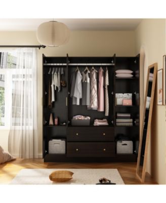 White 4-Door Armoires with Mirror, 2 Hanging Rods, 2-Drawers