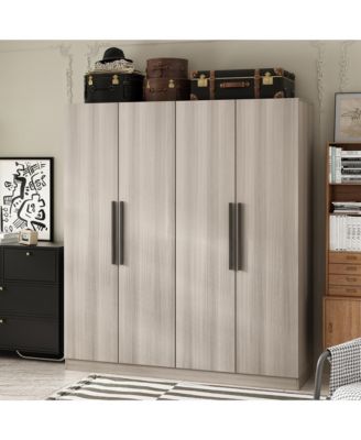 Grey Wood 4-Door Wardrobe Armoires with Hanging Rod and Storage Shelves