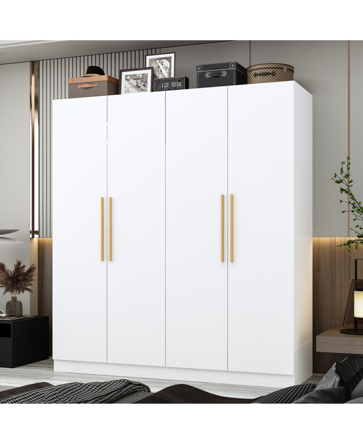 Famapy Gray Wood 4-Door Wardrobe Armoires with Hanging Rod and Storage Shelves