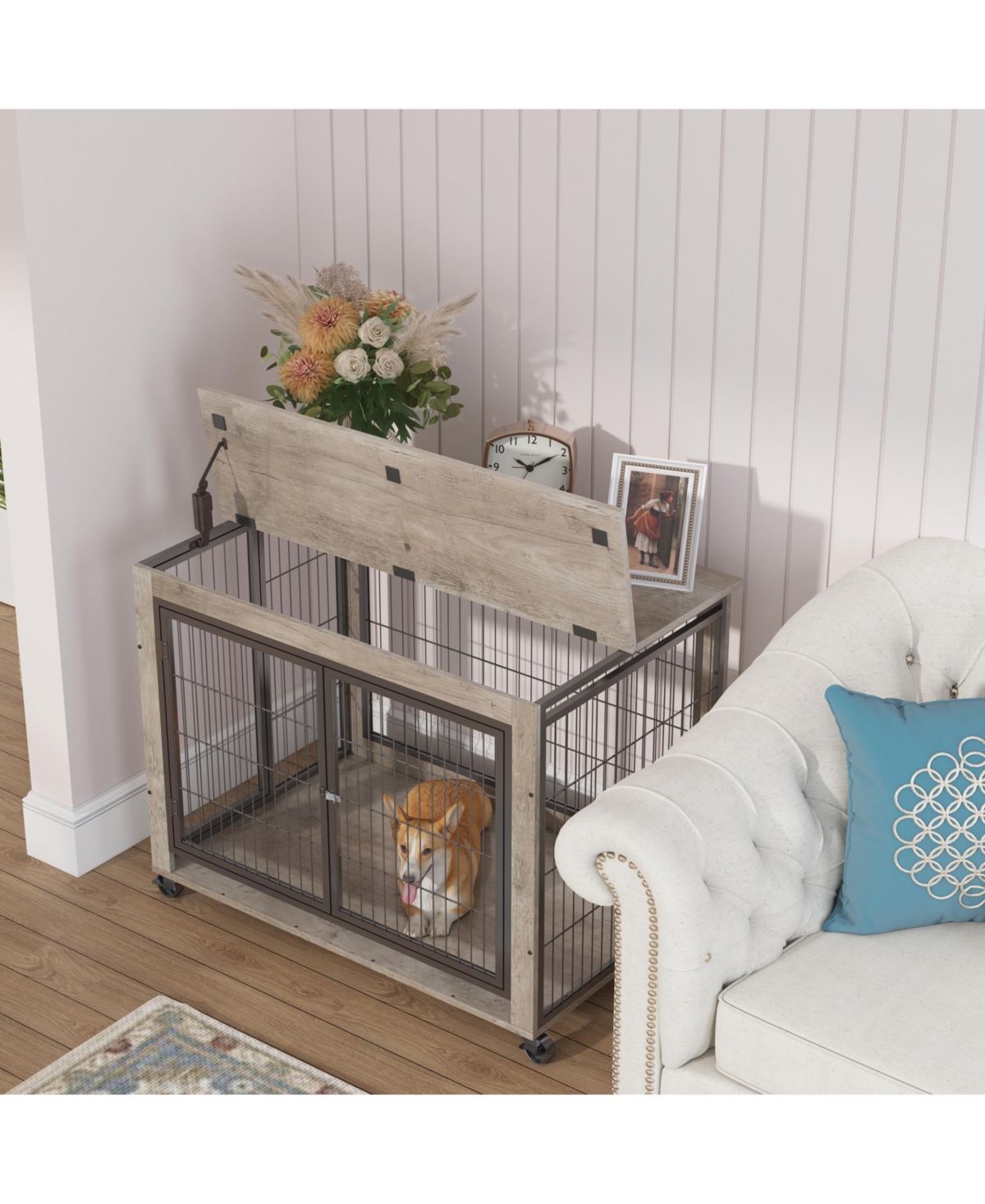 Furniture Style Dog Crate Side Table on Wheels  Double Doors and Lift Top