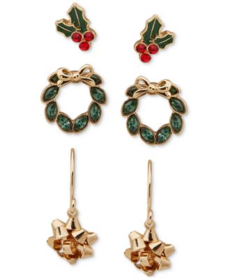 lonna & lilly Gold-Tone 3-Pc. Set Crystal Holly, Wreath & Bow Earrings - Macy’s