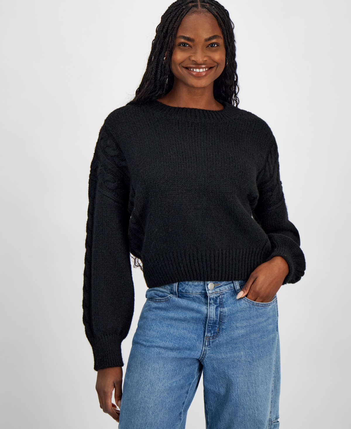 Women's Cable-Knit-Detail Crewneck Sweater, Exclusively at Macy's - Black