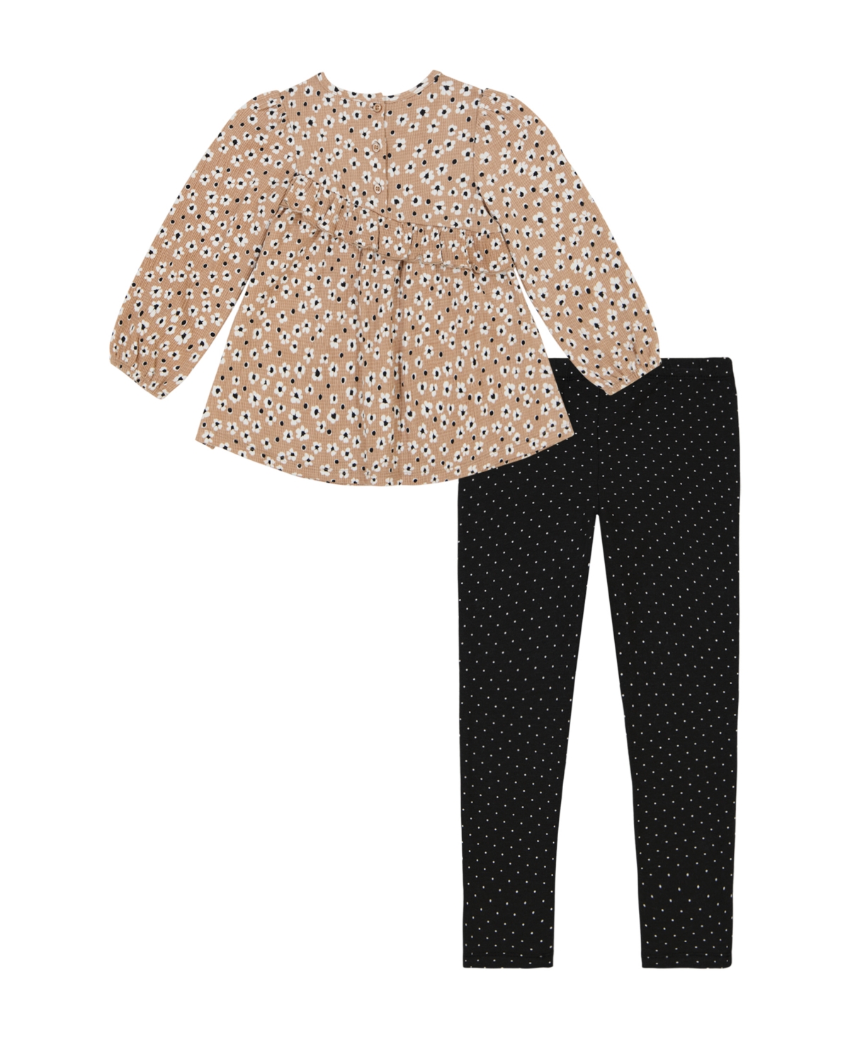 Kids Headquarters Toddler and Little Girls Printed Crinkle Knit Peasant Tunic Polka-Dot Leggings, 2-Piece Set -Black