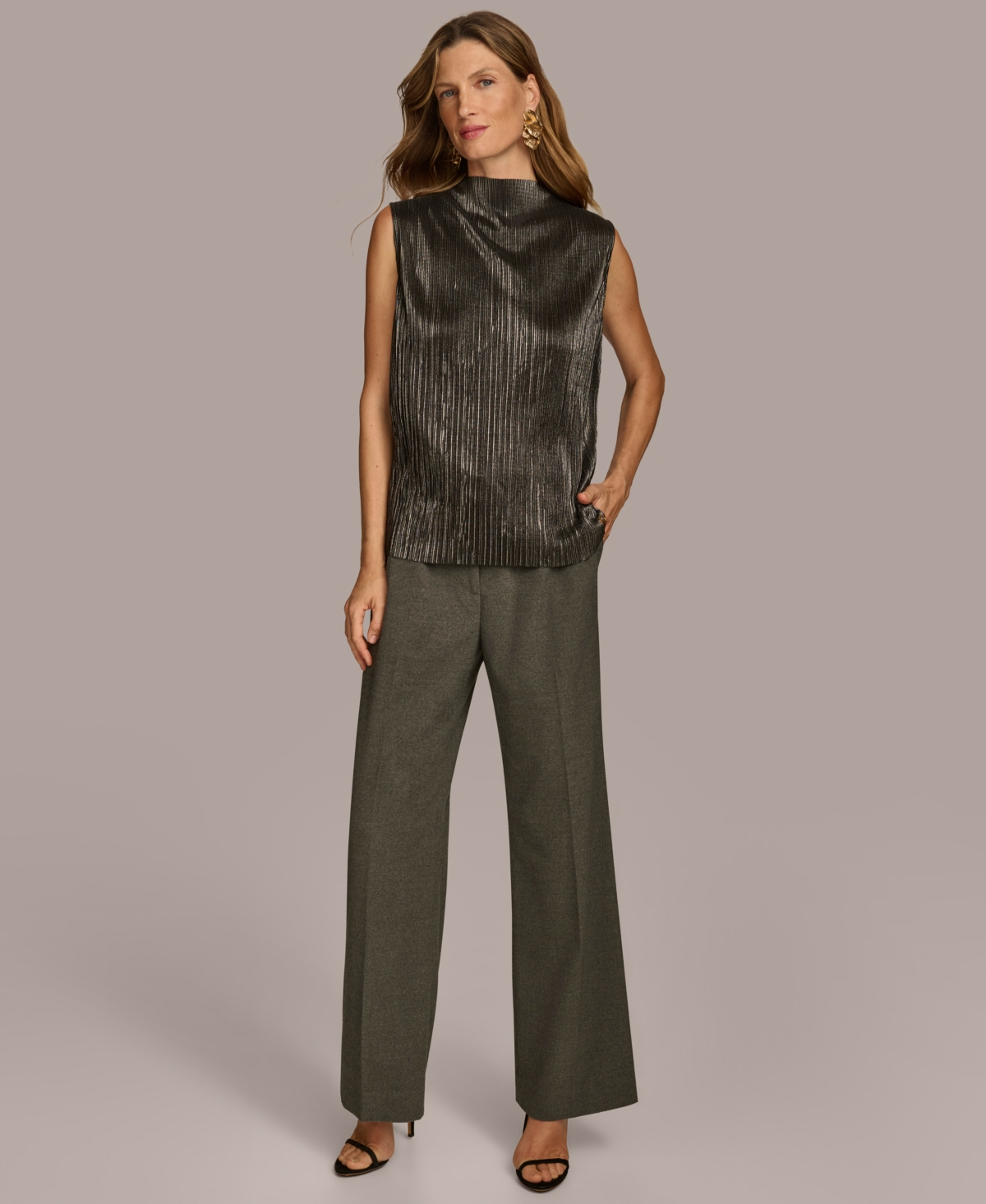 Donna Karan New York Women's High-Neck Metallic Top -Gunmetal