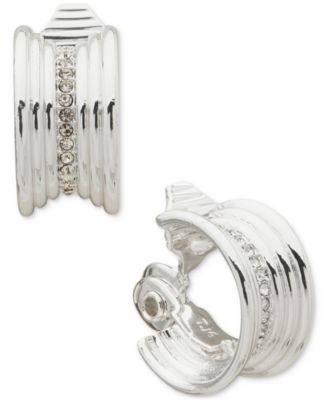Anne Klein - Silver-Tone Extra-Small Pav&eacute; Textured Clip-On Hoop Earrings, 0.38"