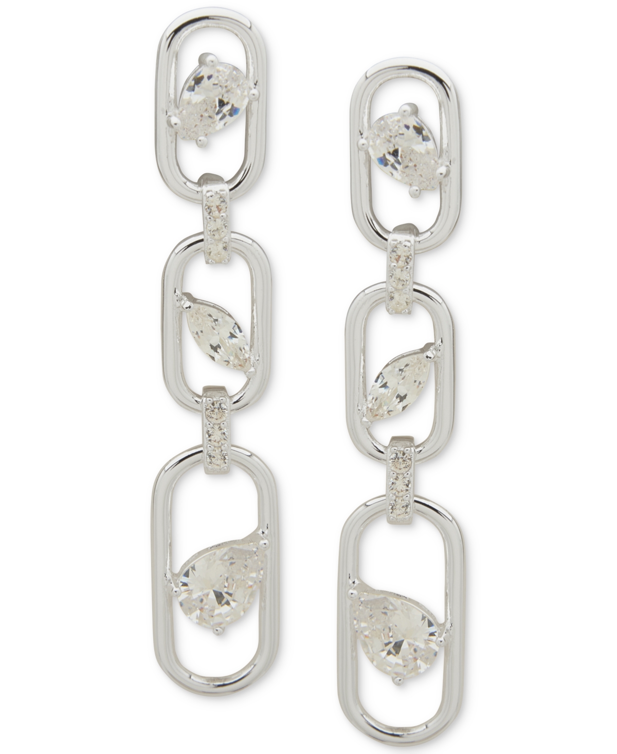 Anne Klein Silver-tone Pave & Mixed-cut Stone Link Triple Drop Earrings In Crystal