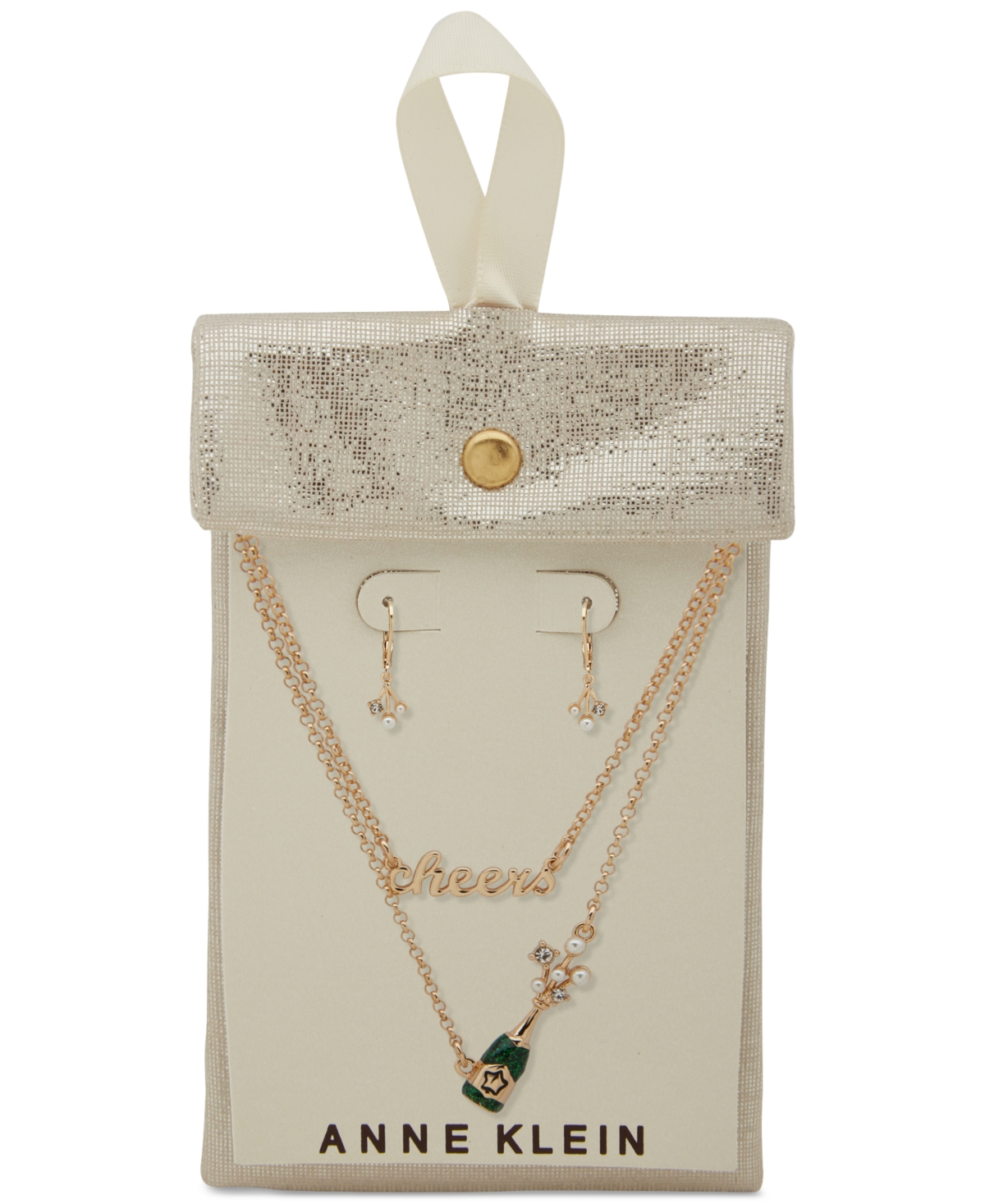 Anne Klein Gold-tone Mixed Stone Cheers-motif Layered Pendant Necklace & Drop Earrings Set In Multi