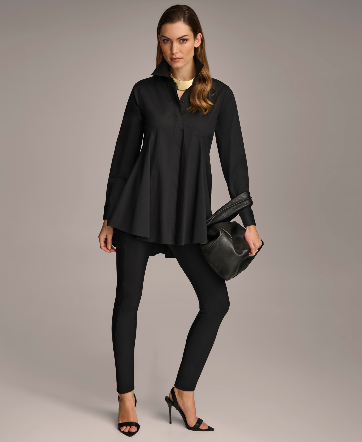 Женский топ Donna Karan New York A-Line Button-Down Poplin Tunic Top, цвет: Чёрный — фото 10