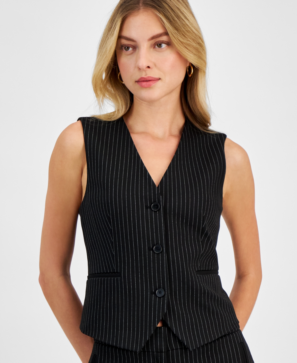 Shop Bar Iii Women's Pinstriped Vest, Exclusively At Macy's In Black,bar White