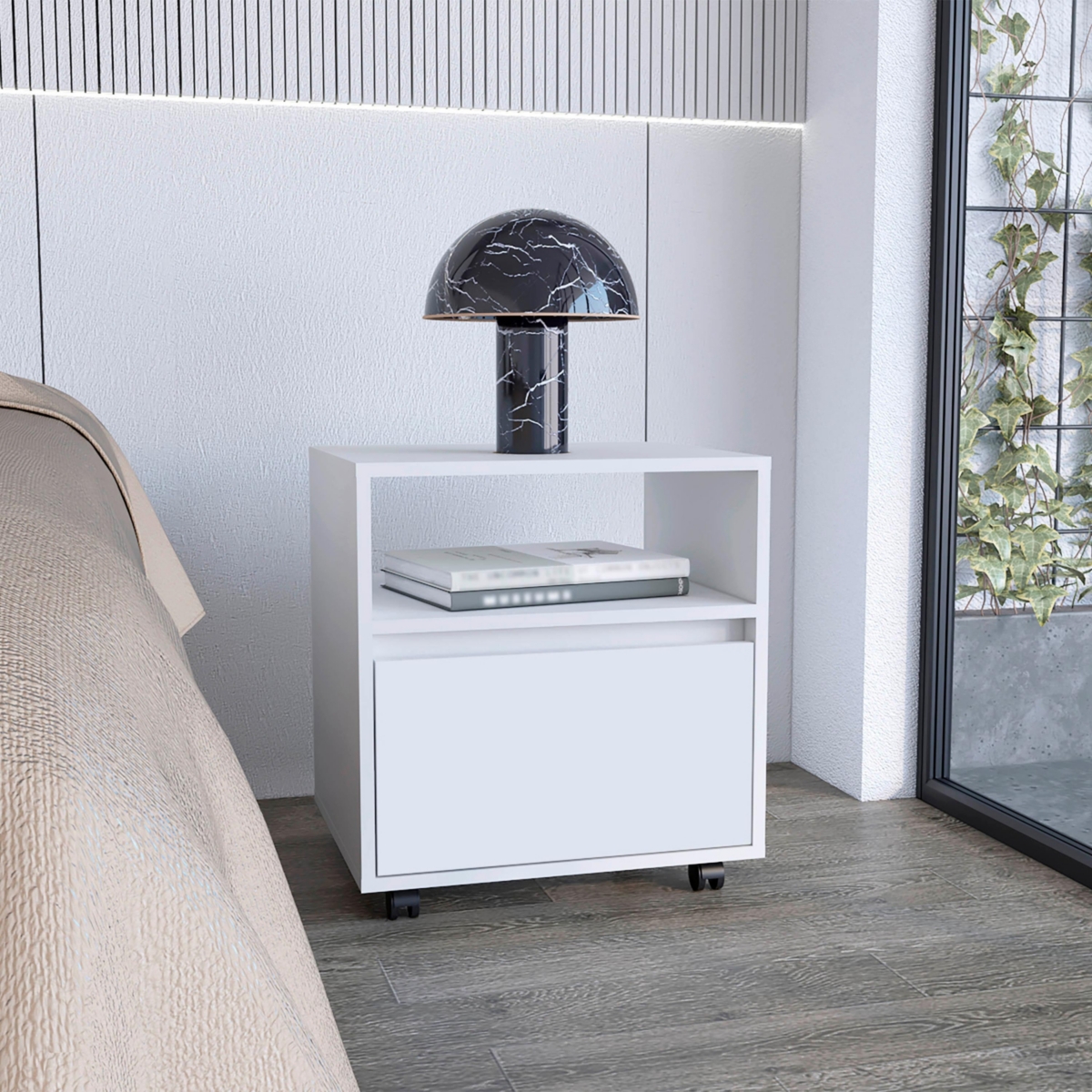 Depot E-Shop Wasilla Nightstand with Open Shelf, 1 Drawer and Casters