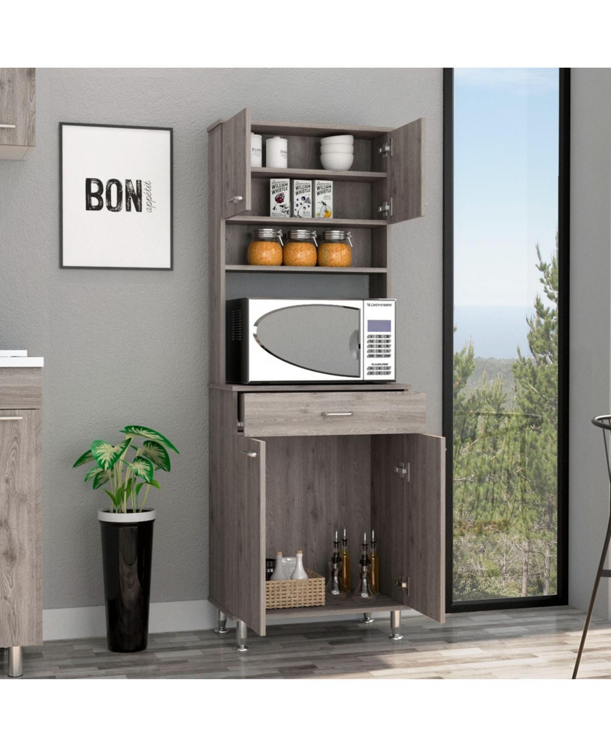 Depot E-Shop Helis 60 Pantry Double Door Cabinet, One Drawer, Four Legs, Three Shelves