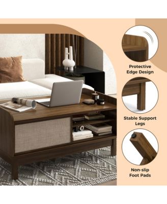 39.5" Rectangular Coffee Table with Sliding Weaving Doors – Wood Center Table