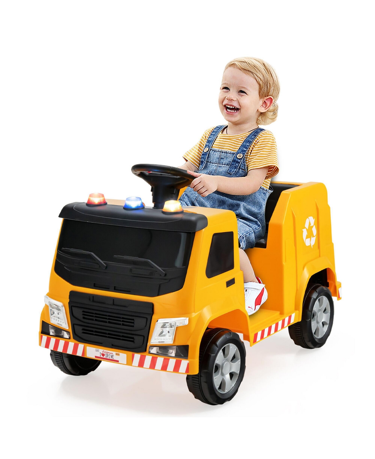 Gymax 12V Recycling Garbage Truck Electric Ride On Toy Remote w/Recycling Accessories Yellow - Yellow+black