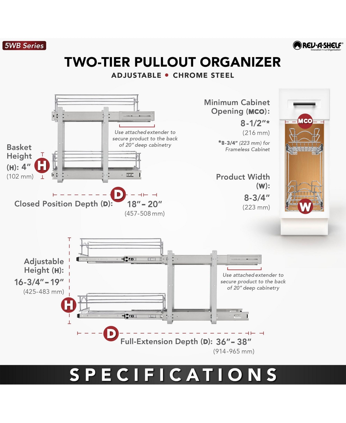 Rev-a-Shelf Kitchen Cabinet Pullout Shelf Organizer, x 18 In