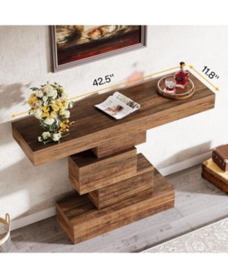 Farmhouse Console Table, 42.5-Inch Narrow Wood Sofa Table Behind Couch with Geometric Base, Industrial Entryway Accent Table