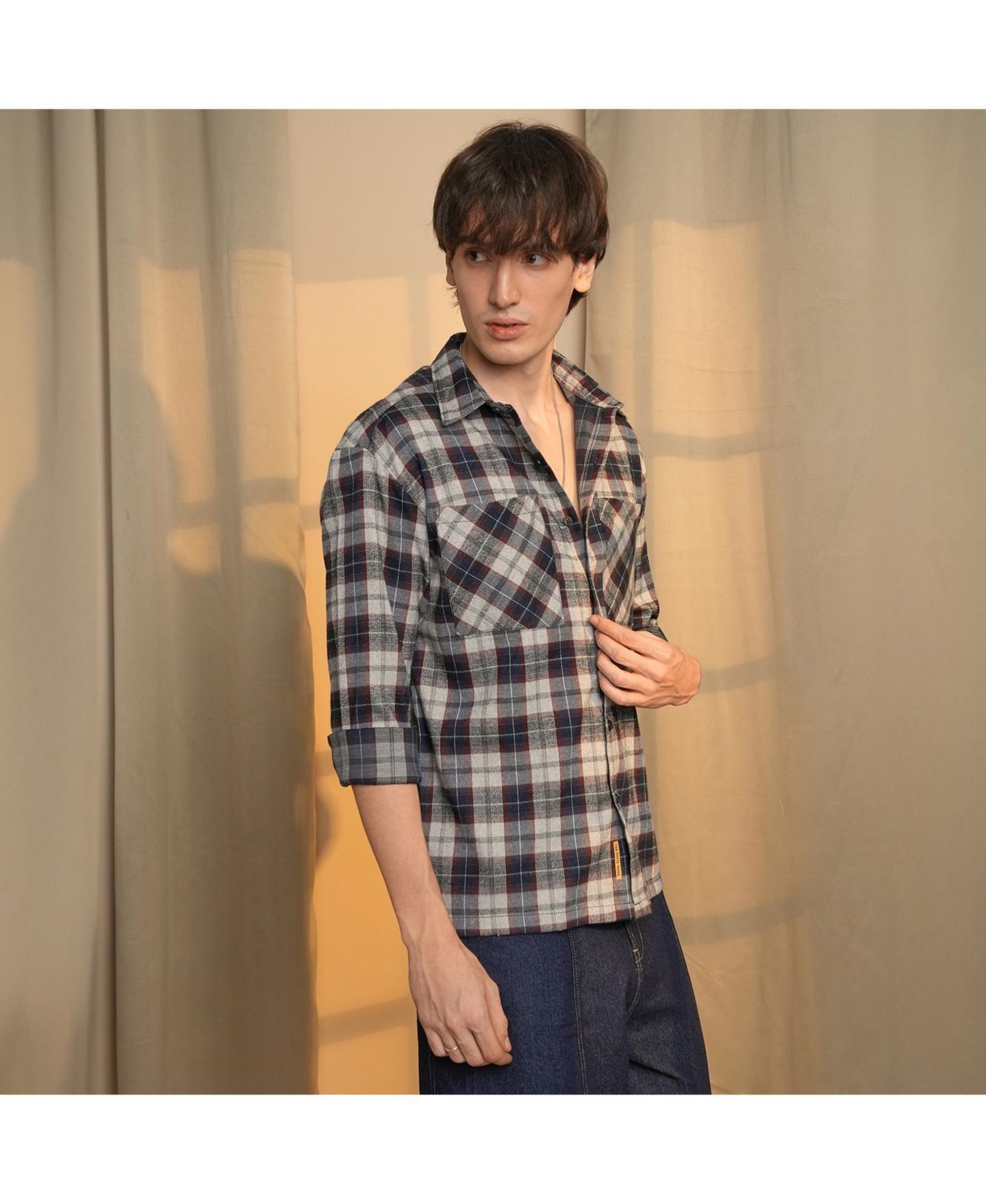 Мужская рубашка Cahoot Campus Sutra Navy Blue & Cloud Grey Tartan Plaid, цвет: Белый — фото 2