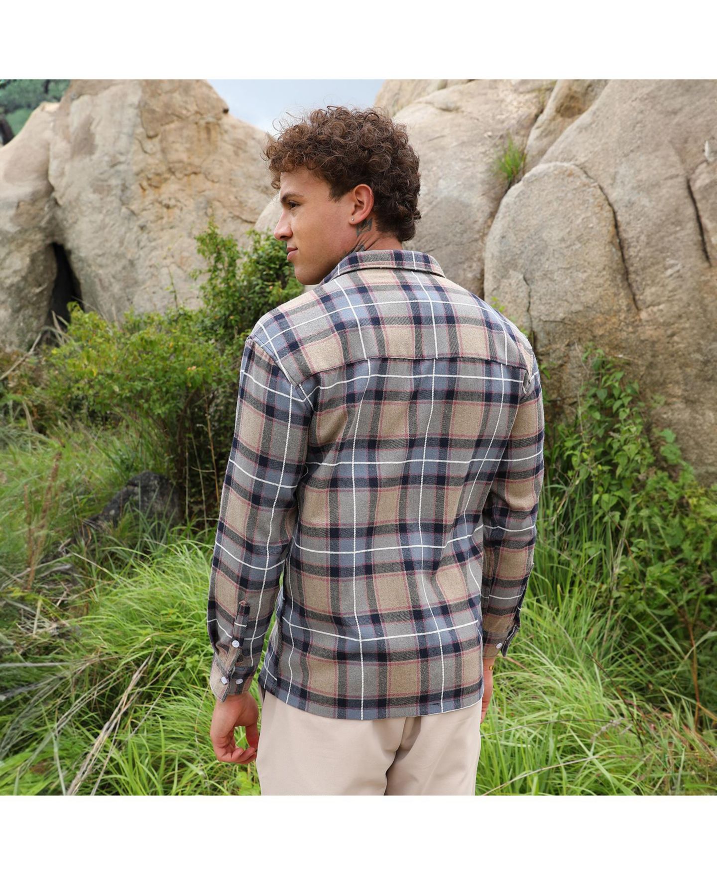 Мужская рубашка Cahoot Campus Sutra Icy Blue & Saltbox Beige Tartan Plaid Utility, цвет: Синий — фото 2