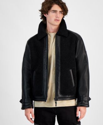 GUESS - Men's Faux-Leather Fleece-Trimmed Jacket
