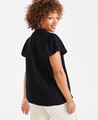 Petite Cotton Flutter-Sleeve Ruffle Top, Created for Macy's 