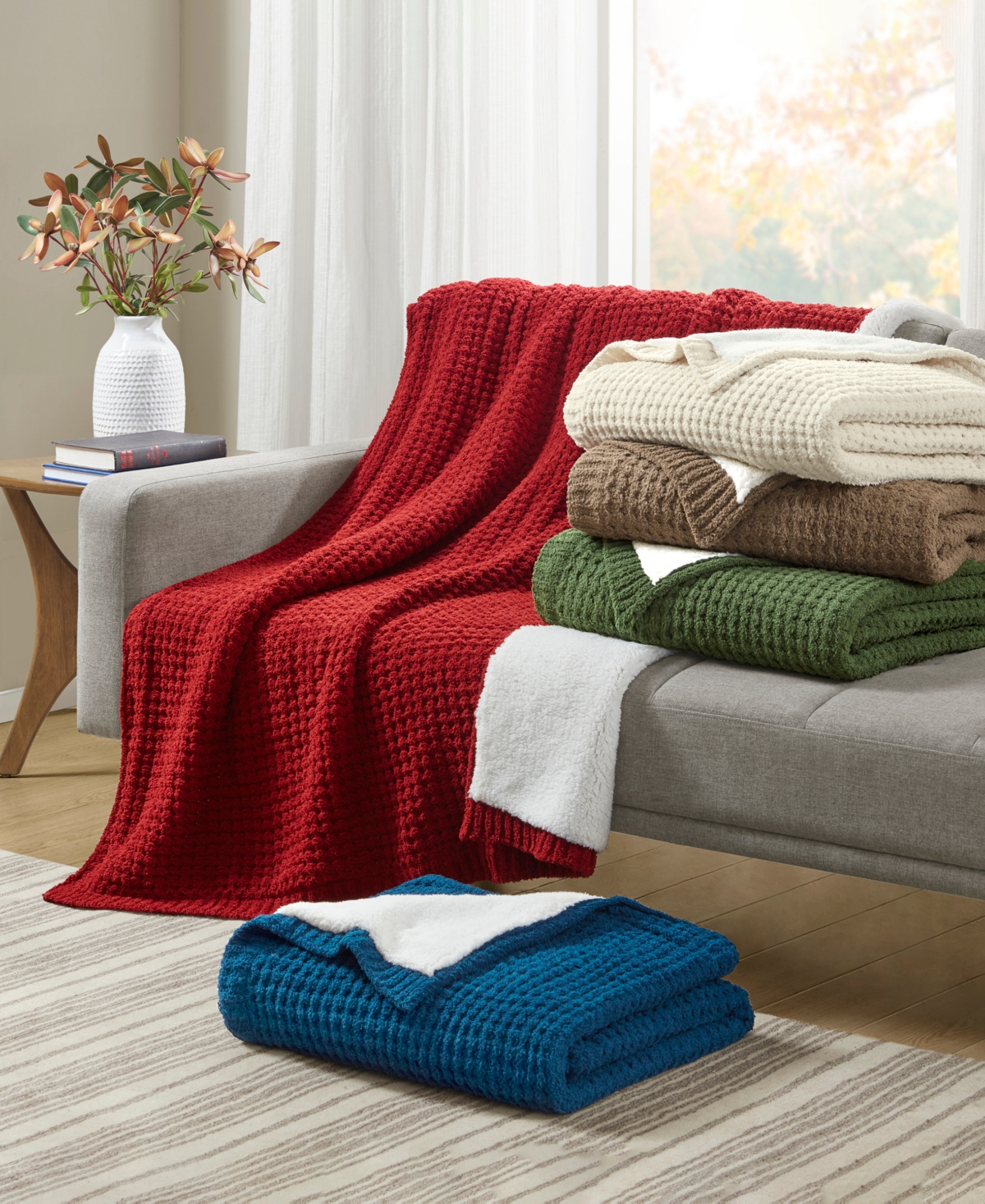 Madison Park Rowan Waffle Knit Chenille Throw, 50" X 60" In Red