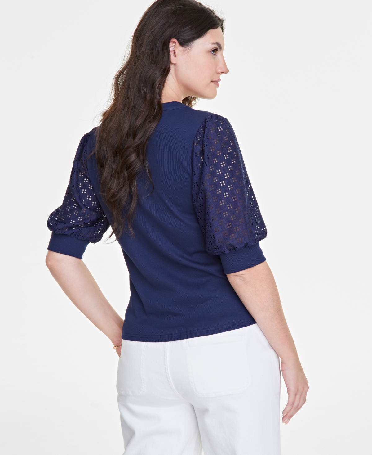 On 34th Women's Eyelet Puff Sleeve Henley Top, Created for Macy's