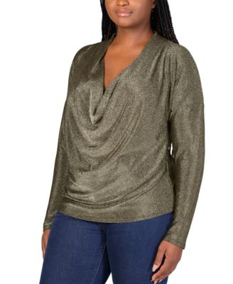 Plus Size Cowl Neck Long Sleeve Shimmery Top