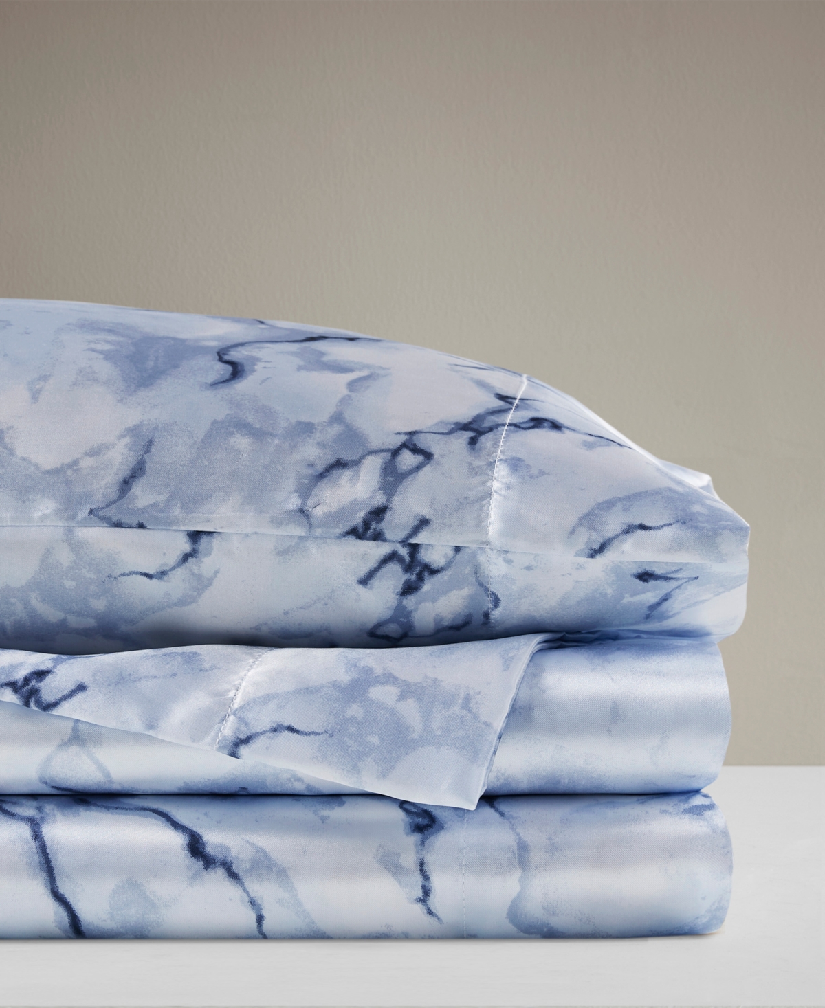 Madison Park Essentials Printed Satin Sheet Set, Full In Blue Marble