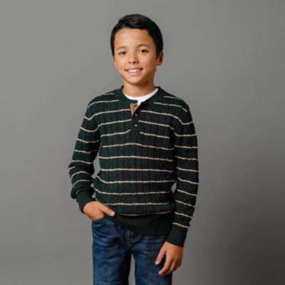 Boys Organic Long Sleeve Cable Henley Pullover Sweater with Elbow Patches