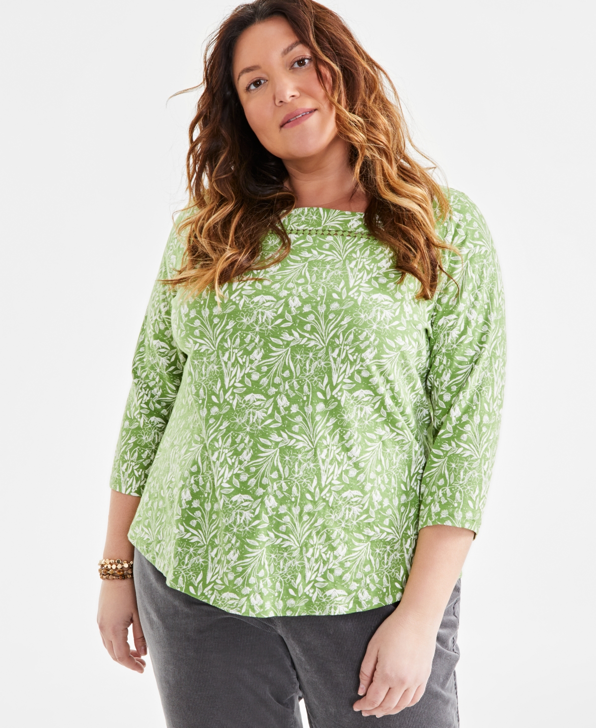 Style & Co Plus Size Square-Neck 3/4-Sleeve Top, Created for Macy's